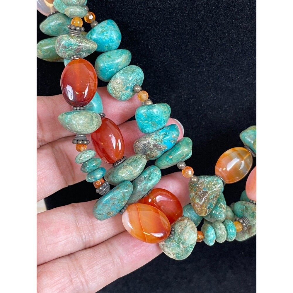 BARSE Turquoise Carnelian Agate .925 Silver 3 Strand Chunky 18" Beaded Necklace - Picture 2 of 10
